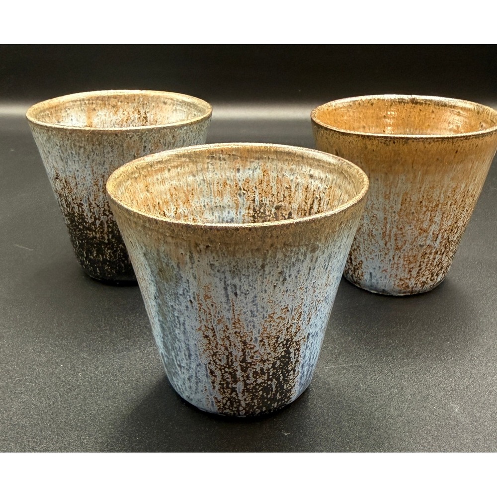 Vintage‎ A.R. Cole Sanford NC Blue Frogskin Pottery Cups Set of 3